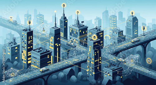 Smart city with digital network infrastructure, smart transportation systems, and data flow connections. Vector