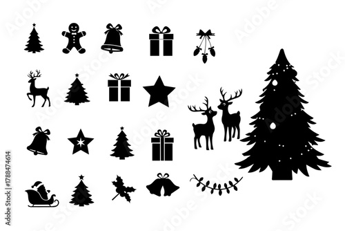 silhouette pack of christmas items, like reindeer, snacks , star, christmas tree santa, gift, bell, light,