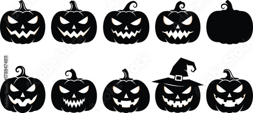 Halloween jack-o'-lantern collection vector set with spooky pumpkin faces and witch hat design elements Vector