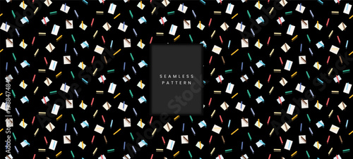 Seamless Colorful Abstract Scattered Geometric Pattern on Black Background