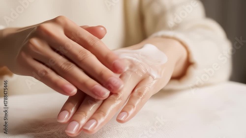 Woman Applies Moisturizing Cream to Hands in Beauty Treatment Routine
