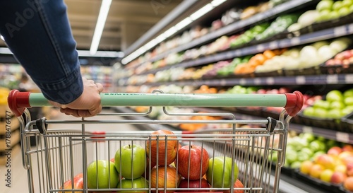 Person s hand pushing a shopping cart filled with fresh apples and other produce down a brightly lit grocery store aisle