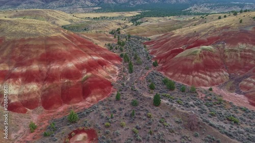 A magnificent aerial panorama capturing the rolling hills and striated landscape near the Painted Hills at John Day Fossil Beds National Monument area at sunrise