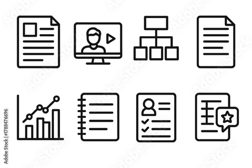 Educational Icons Collection. Knowledge Resources linear icon set: report page, teaching video, diagram icon, article page, research chart, notebook, lesson outline, feedback form.