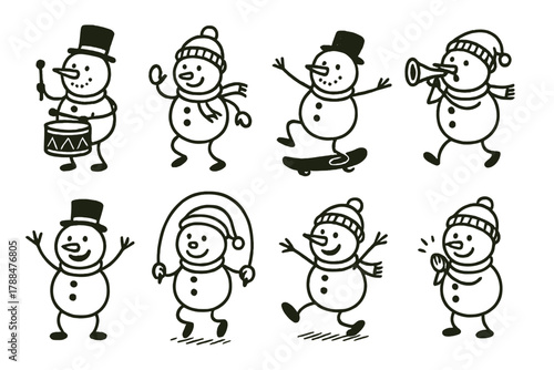 Playful Snowman Icons. Animated Snowmen outline icons: snowman drumming, snowman dancing twist, snowman skateboarding, snowman with trumpet, snowman waving arms, snowman jumping
