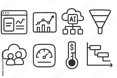 Digital Planning Icons. Digital Business Planning outline icons: online dashboard view, data analytics graph, AI strategy flowchart, marketing funnel icon, cloud collaboration