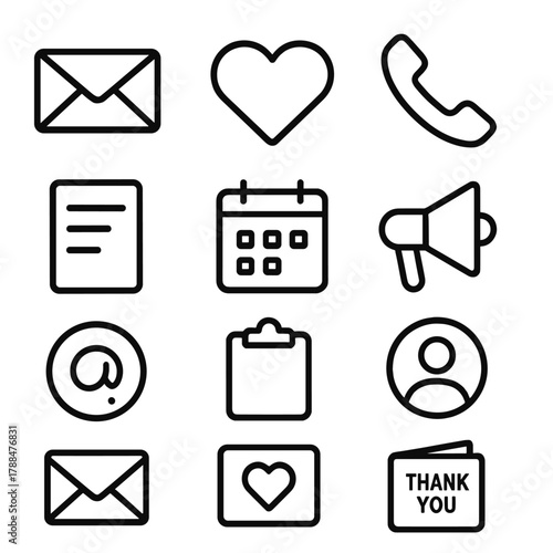 Communication Icons Set. Donor Communication linear icon set: envelope, chat bubble, heart, phone, document, calendar, megaphone, email icon, clipboard, user profile, letter, thank