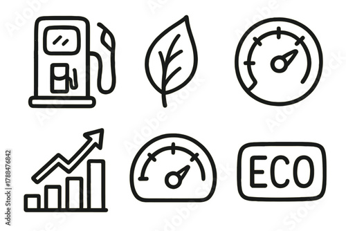 Fuel Efficiency Icons. Fuel Efficiency outline icons: gas pump, leaf icon, speedometer, performance chart, energy gauge, eco mode.