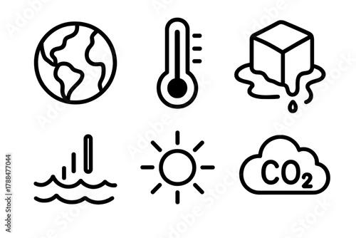 Climate Change Icons. Climate Change linear icon set: earth globe, thermometer, melting ice, rising sea, sun icon, CO2 cloud.