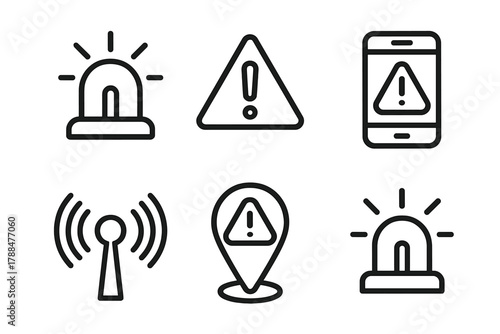 Storm Alert Icons. Storm Alerts linear icon set: siren icon, alert triangle, smartphone notification, radio signal, map pin, warning light.