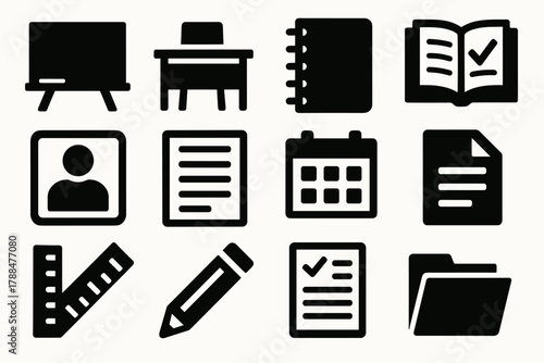 Classroom Icon Set. Classroom Teacher Interfaces silhouette icon set: blackboard, desk icon, notebook, grade book, student profile, lesson plan, calendar, document file, ruler,