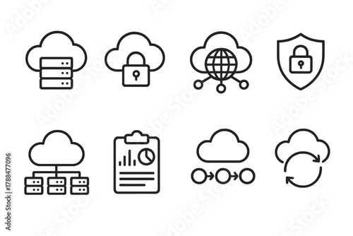 Cloud Infrastructure Icons. Cloud Environments linear icon set: public cloud, private cloud, global connection, data security, hosting infrastructure, analytics report, network