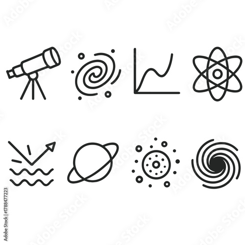 Astrophysics Icon Set. Astrophysics Elements linear icon set: telescope, galaxy, chart, atom, light ray, planet, particle cloud, black hole.
