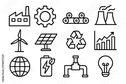 Industrial Energy Icons. Industrial Smart Energy linear icon set: factory building, gear, conveyor belt, power plant, wind turbine, solar panel, recycling symbol, data chart, globe