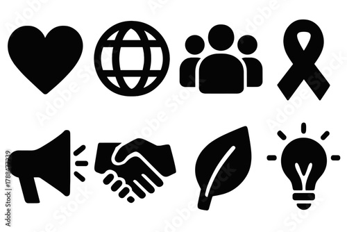 Brutalist Social Icons. Social Awareness silhouette icon set: heart, globe, people group, ribbon, megaphone, handshake, leaf, light bulb.