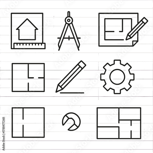 Architectural Tool Icons. Architectural CAD linear icon set: blueprint, building outline, ruler, compass, floor plan, grid, pencil, gear.