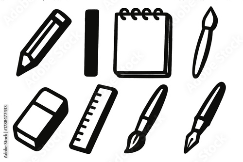 Bold Art Tools. Art Sketching Set silhouette icon set: graphite pencil, charcoal stick, sketchpad, blending stump, eraser, ruler, brush, pen.