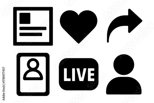 Brutalist Social Media Icons. Social Media Content silhouette icon set: post icon, like heart, share arrow, story frame, live stream badge, user profile.