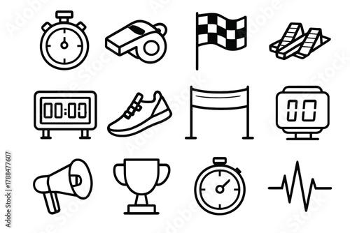 Sports Countdown Icons. Sports Countdown linear icon set: stopwatch, whistle, race flag, starting blocks, scoreboard, running shoes, finish line, countdown clock, megaphone, trophy