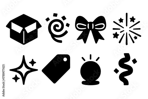 Bold Vector Icons. Exciting Surprise Pack silhouette icon set: open box, confetti swirl, ribbon bow, fireworks, star sparkle, gift tag, glowing orb, streamer
