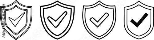 Shield with check mark icon representing verification, approval, and security in bold outlined professional design