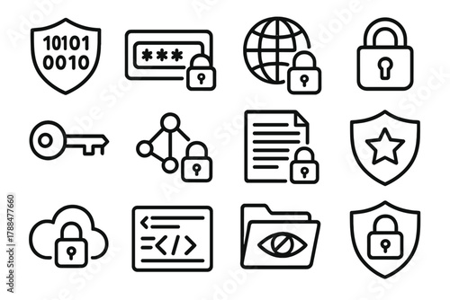 Information Privacy Icons. Information Privacy linear icon set: shielded data, password field, secure connection, lock icon, digital key, encrypted network, private document,