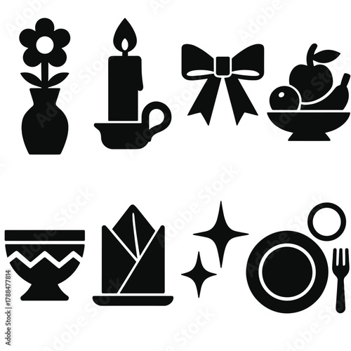 Bold Style Icons. Elegant Arrangement Symbols silhouette icon set: flower vase, candlelight, ribbon accent, fruit platter, decorative bowl, napkin fold, star sparkle, table layout