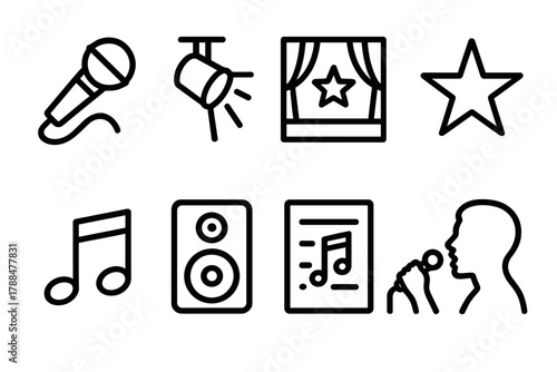 Singer Silhouette Icons. Solo Singing linear icon set: microphone, spotlight, stage, star, note, speaker, music sheet, singer silhouette.