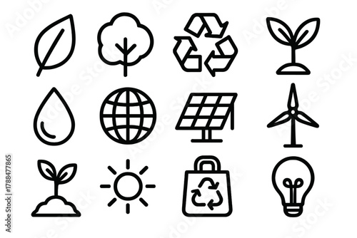 Eco Symbols Collection. Environmental Biomass linear icon set: leaf, tree, recycling symbol, plant, water droplet, globe, solar panel, wind turbine, seedling, sun, eco bag, light