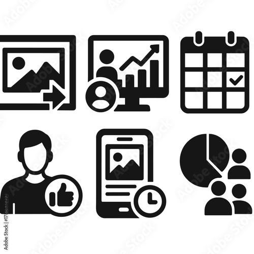 Bold Marketing Icons. Marketing Media silhouette icon set: banner ad, social analytics graph, content planner, influencer icon, post scheduler, audience chart.
