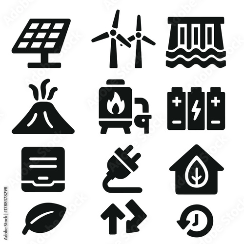Renewable Energy Icons. Renewable Power Production silhouette icon set: solar panels, wind turbines, hydro dam, wave generator, geothermal vent, biomass boiler, battery bank, green