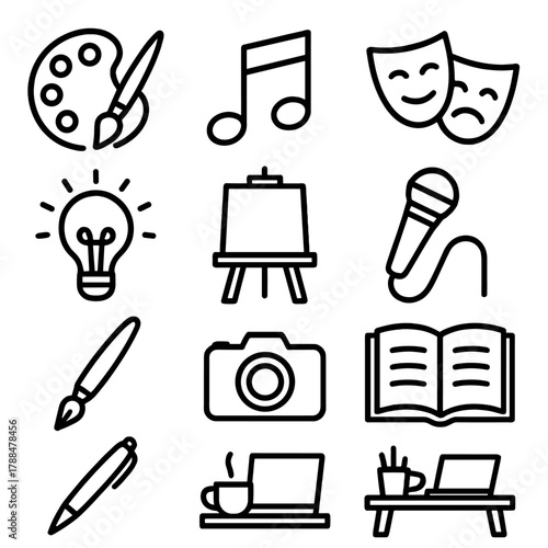 Creative Arts Icons. Creative Community linear icon set: paint palette, brush, music note, film camera, theater masks, idea bulb, easel, microphone, open book, pen, camera,