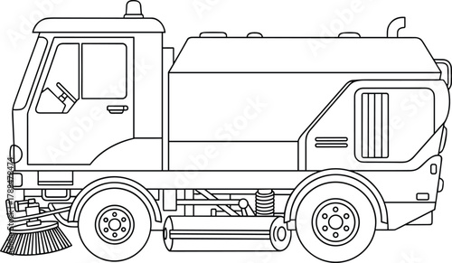 Street, sweeper, vehicle, cleaning, machine, black, white, line, drawing, brushes, cab, kids, coloring, page, sketch, transport, sanitation, tool, illustration, equipment