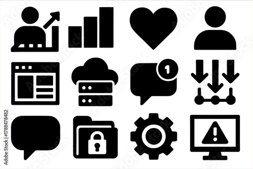 Bold Analytics Icons. Follower Analytics silhouette icon set: user chart, bar graph, heart icon, profile avatar, dashboard interface, cloud server, notification badge, data flow,