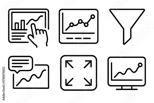 Interactive Dashboard Elements. Interactive Visualization linear icon set: touchscreen dashboard, dynamic chart, filter icon, hover tooltip, zoom arrows, responsive graph.