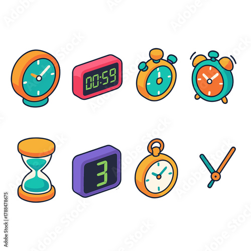 Vibrant Time Icons. Countdown Clock Icons modern flat icons set: ticking clock, digital timer, sand hourglass, stopwatch start, alarm ringing, countdown display, pocket watch,