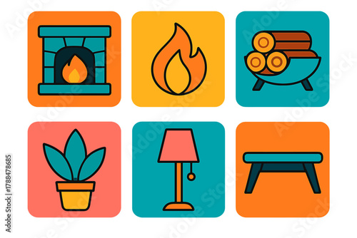 Minimalist Fireplace Icons. Modern Fireplace flat icons: Stone Fireplace, Flame, Log Holder, Plant, Lamp, Coffee Table.