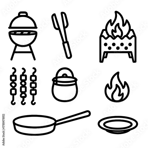Outdoor Cooking Icons. Outdoor Cooking linear icon set: BBQ grill, tongs, fire pit, skewers, camping pot, pan, flame, plate.