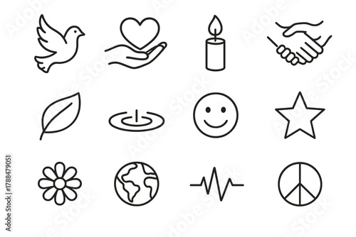 Symbols of Compassion. Compassion Theme linear icon set: dove, heart in hand, candlelight, helping hands, leaf, water ripple, smile, star, flower, globe, pulse wave, peace symbol.