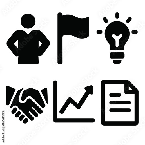 Bold Leadership Icons. Leadership confidence silhouette icon set: leader figure, flag, light bulb, chart line, handshake, document.