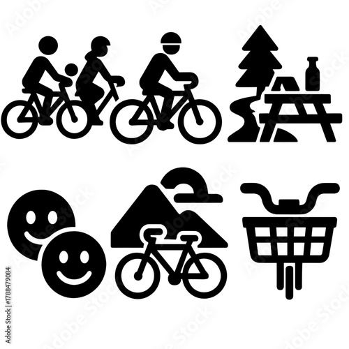 Cycling Adventure Icons. Recreational Cycling silhouette icon set: family ride, park path, picnic stop, nature view, smile faces, bicycle basket.