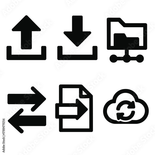 Brutalist Data Icons. Data Sharing silhouette icon set: upload icon, download icon, shared folder, connection arrows, document transfer, sync cloud.