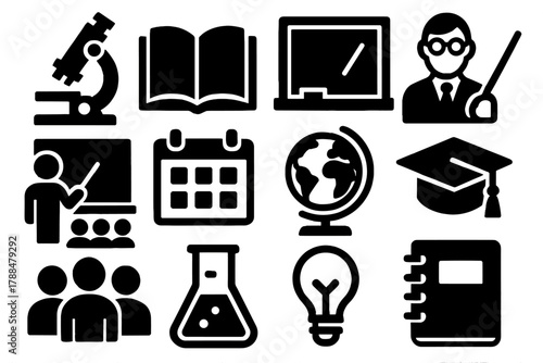 Brutalist Education Icons. Educational Microscope silhouette icon set: microscope, open book, chalkboard, teacher icon, classroom, calendar, globe, graduation cap, student group,