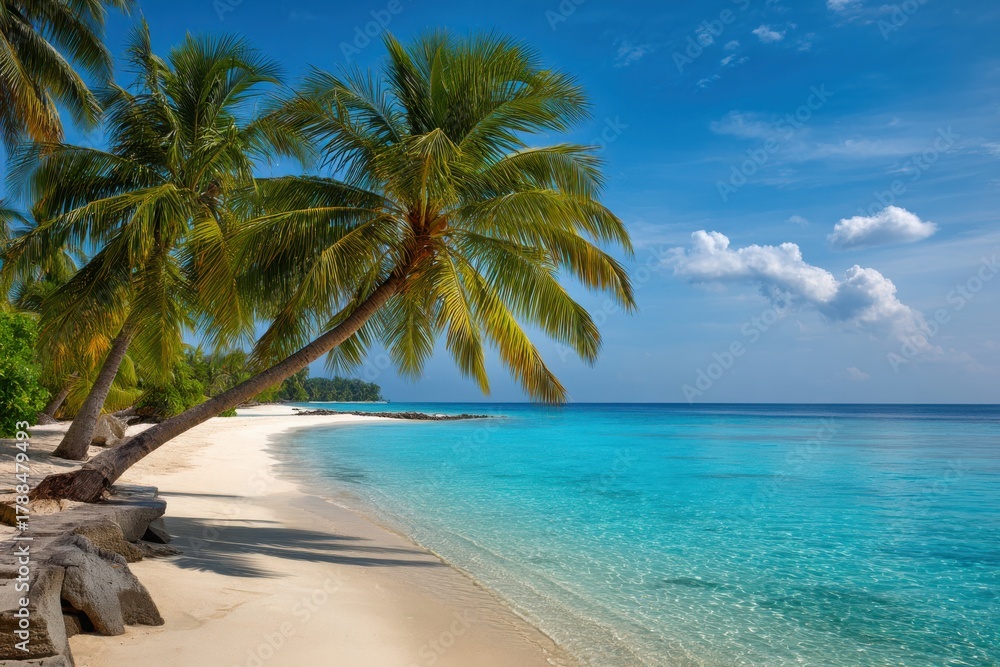 Fototapeta premium Lush green palm trees lean over a pristine white sand beach beside crystal clear turquoise ocean waters