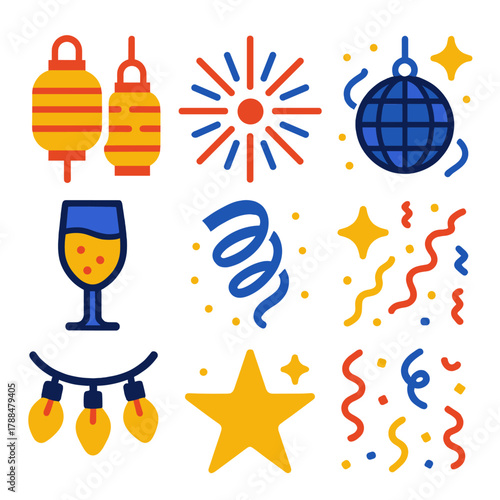 Festival Icon Set. Night Festival Pack silhouette icon set: glowing lanterns, fireworks burst, streamer curl, disco globe, champagne flute, light garland, sparkling star, confetti