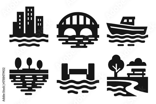 Urban River Icons. Urban Rivers silhouette icon set: city skyline, bridge, boat, reflection lights, dock, riverside park.
