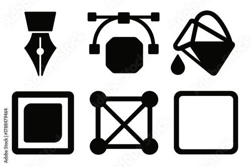 Brutalist Vector Icons. Vector Illustration silhouette icon set: pen tool, bezier curve, geometric shape, color fill, node editor, clean outline.