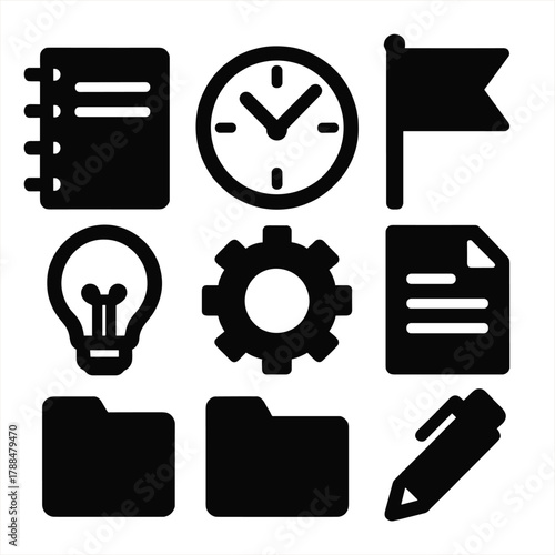 Bold Daily Planner Icons. Daily Planning Collection silhouette icon set: planner, clock, goal flag, paper, light bulb, gear, folder, pen.