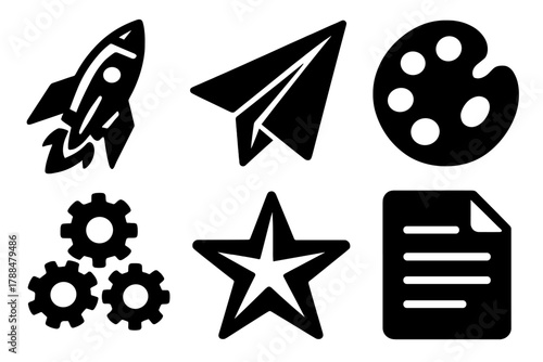 Brutalist Icons Set. Creative hard work silhouette icon set: rocket, paper plane, palette, gears, star, document.