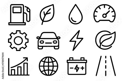 Eco-Friendly Icons. Fuel Efficiency linear icon set: fuel pump, leaf, droplet, speedometer, gear, car, lightning bolt, eco symbol, chart, globe, battery, road.